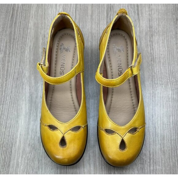 Venus Mary Jane Platform Shoes Womens 37 Adjustable Strap Cut Out Leather Yellow - Picture 3 of 12